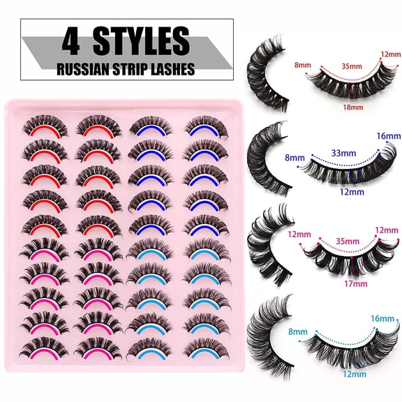 Russian 20 Pairs Pack Strip Lashes Super Curly False Eyelashes Pack DD Curl Lashes That Look Like Extensions (20 Pairs,4 Styles)