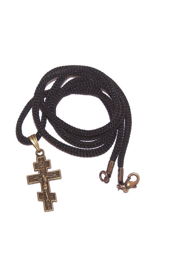 Russian 3-bar Crucifix bronze tone necklace - design based on Fedorov designer - 60cm strap with clasp
