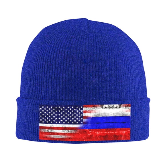 Russian America Flag Winter Beanie Hats for Men Women Warm Cozy Knitted Cuffed Skull Cap Blue