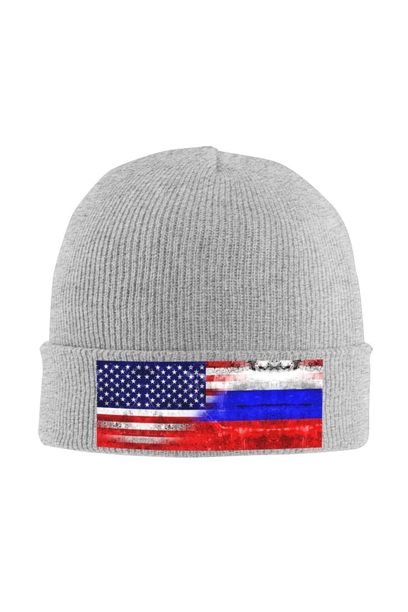 Russian America Flag Winter Beanie Hats for Men Women Warm Cozy Knitted Cuffed Skull Cap Gray