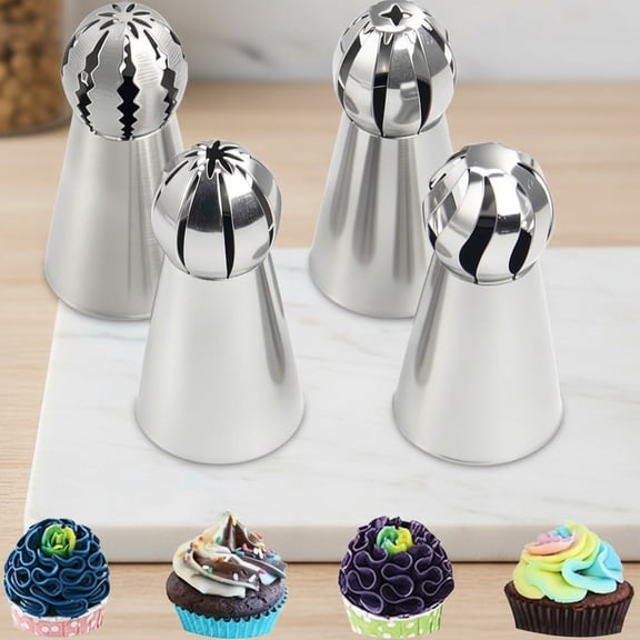 Russian Ball Piping Tip Set, 4-Piece Stainless Steel Cream Nozzles, Baking Tools for Ice Cream, Cookies, Cupcakes, and Cake Decorating