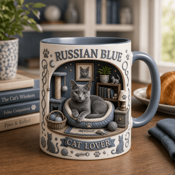 Russian Blue Cat Coffee Cup, Cozy Cat Lover Mug for Coffee or Tea Gifts