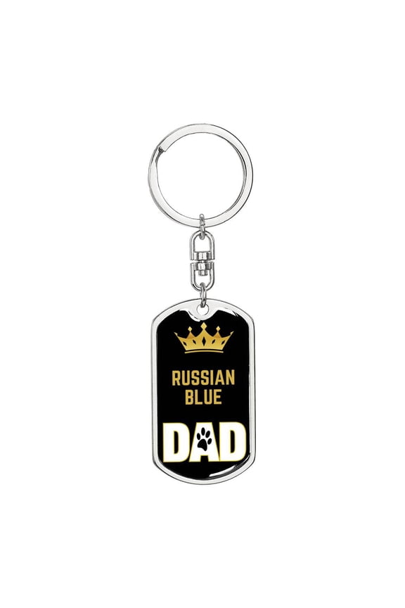 Russian Blue Cat Dad King Keychain Stainless Steel or 18k Gold