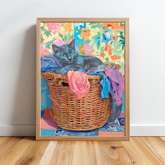 Russian Blue Cat Laundry Print Gray Cat In Laundry Home Decor Office Wall Art