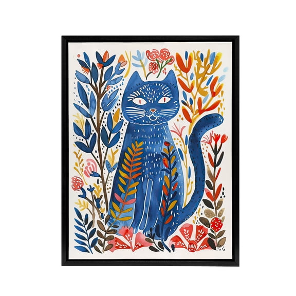 Russian Blue Cat Lover Folk Art Black Framed Canvas Wall Art Print 12X16"