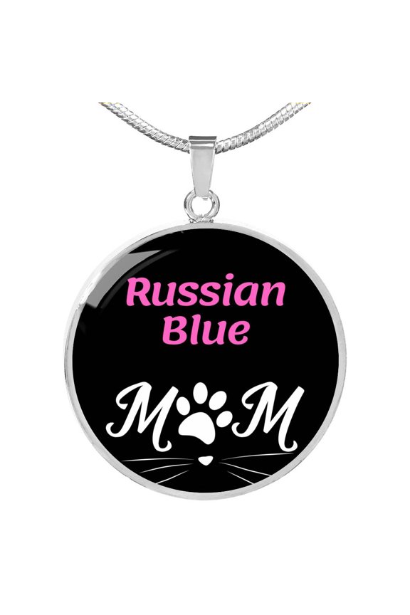 Russian Blue Cat Mom Circle Pendant Necklace Stainless Steel 24 Inch Chain Silver Tone or Gold Tone