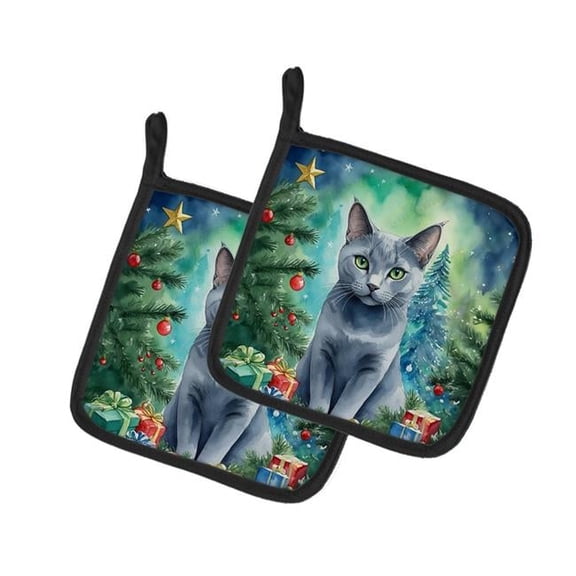 Russian Blue Cat Pot Holders - Christmas Theme - Set of 2 - Insulated