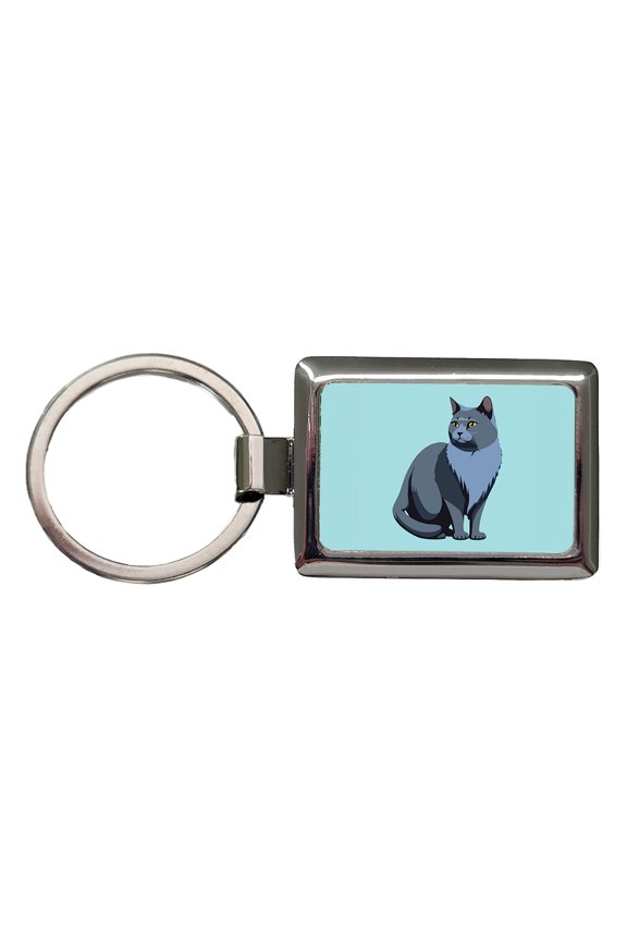 Russian Blue Cat Sitting Metal Rectangle Keychain