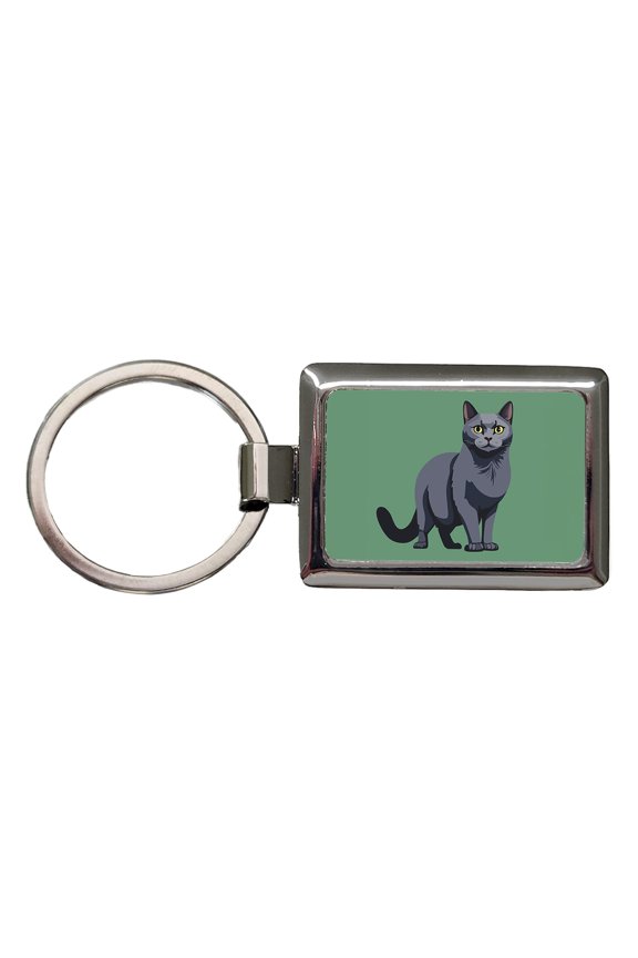 Russian Blue Cat Standing Metal Rectangle Keychain