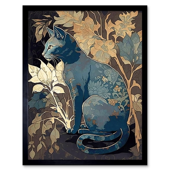 Russian Blue Cat with Autumn Plants and Floral Pattern Fur Coat Modern Silkscreen Illustration Art Print Framed Poster Wall Decor 12x16 inch