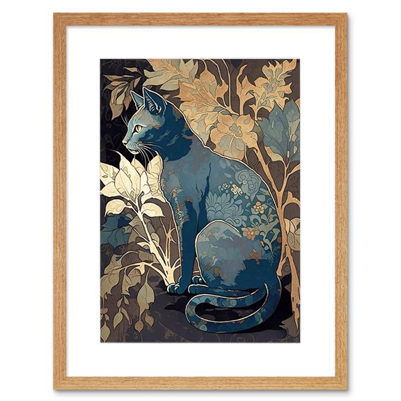 Russian Blue Cat with Autumn Plants and Floral Pattern Fur Coat Modern Silkscreen Illustration Artwork Framed Wall Art Print 9X7 Inch