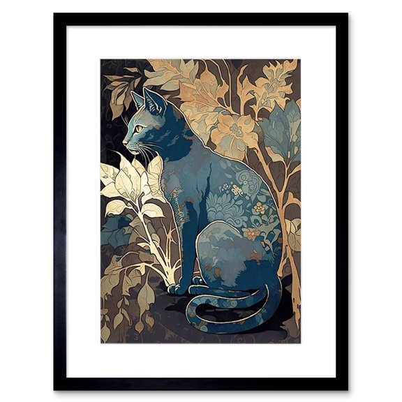 Russian Blue Cat with Autumn Plants and Floral Pattern Fur Coat Modern Silkscreen Illustration Artwork Framed Wall Art Print 9X7 Inch