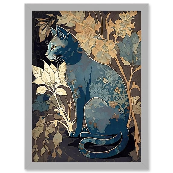 Russian Blue Cat with Autumn Plants and Floral Pattern Fur Coat Modern Silkscreen Illustration Artwork Framed Wall Art Print A4