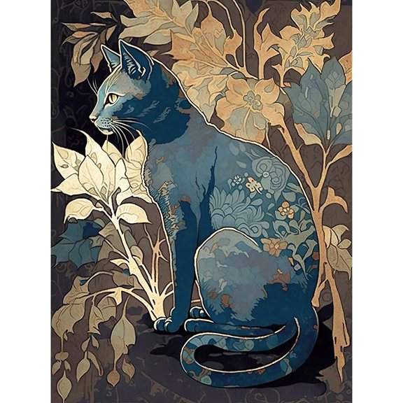 Russian Blue Cat with Autumn Plants and Floral Pattern Fur Coat Modern Silkscreen Illustration Unframed Wall Art Print Poster Home Decor Premium