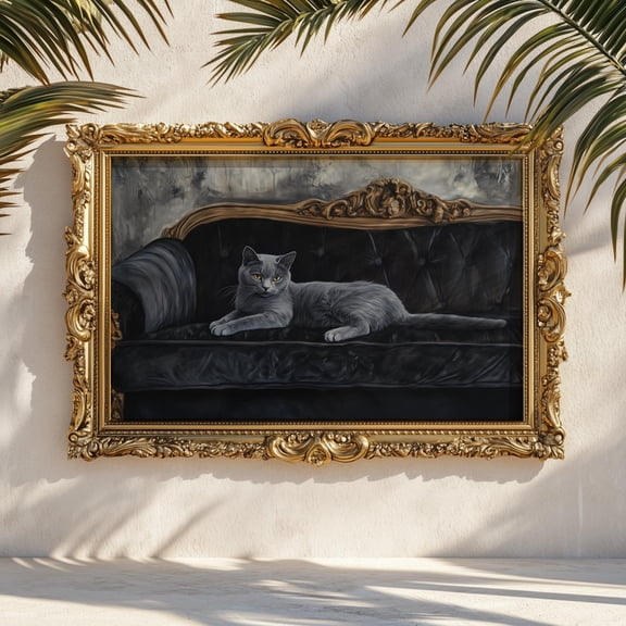 Russian Blue Wall Gray Cat On Vintage Black Sofa Print Dark Feline Art Home Decor Office Wall Art