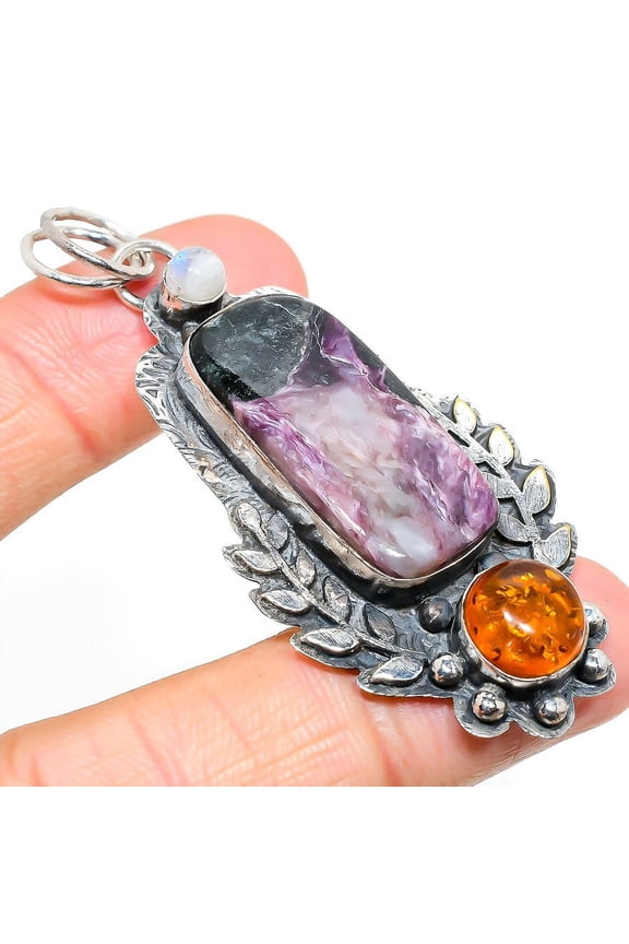 Russian Charoite, Amber Gemstone 925 Sterling Silver Jewelry Pendant 2.72"