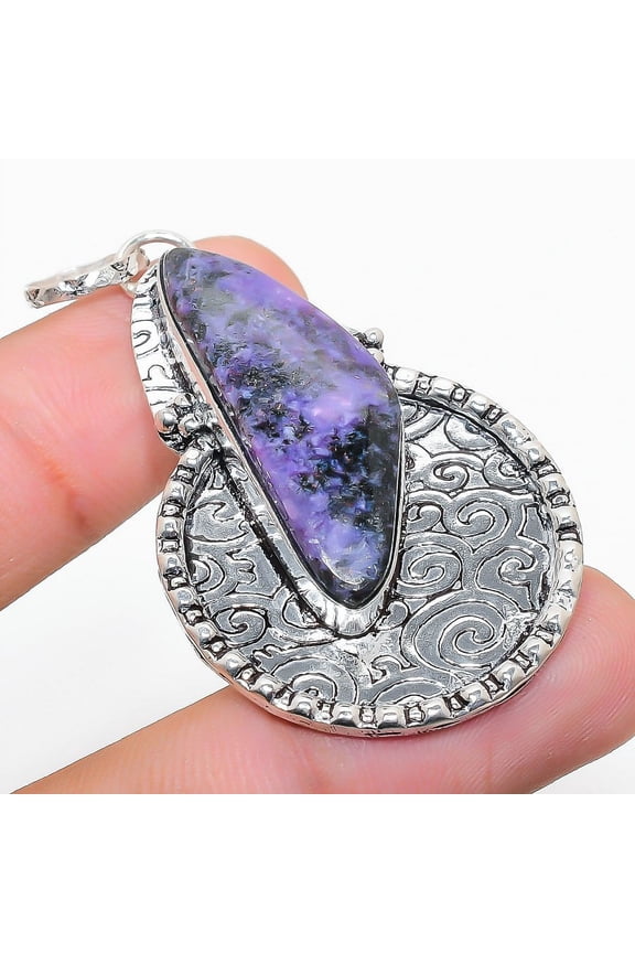 Russian Charoite Gemstone 925 Sterling Silver Jewelry Pendant 2.21"