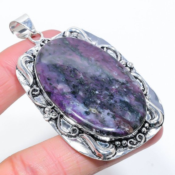 Natural Russian Charoite Gemstone 925 Sterling Silver Gift Pendant 2.84"