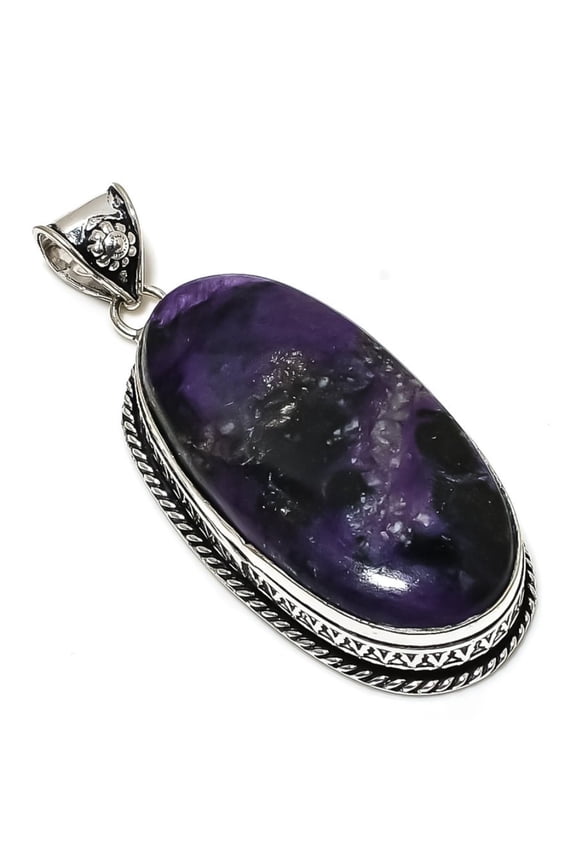 Natural Russian Charoite Gemstone 925 Sterling Silver Gift Pendant 2.84"