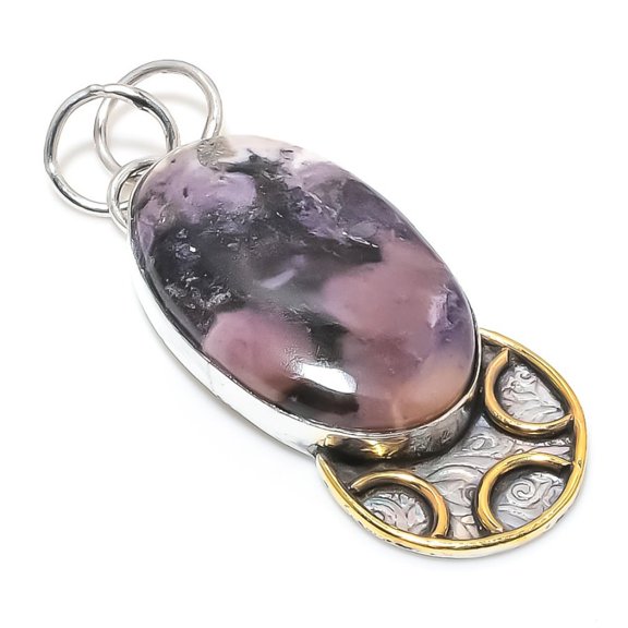 Natural Russian Charoite Stone 925 Sterling Silver Two Tone Pendant 2.25"