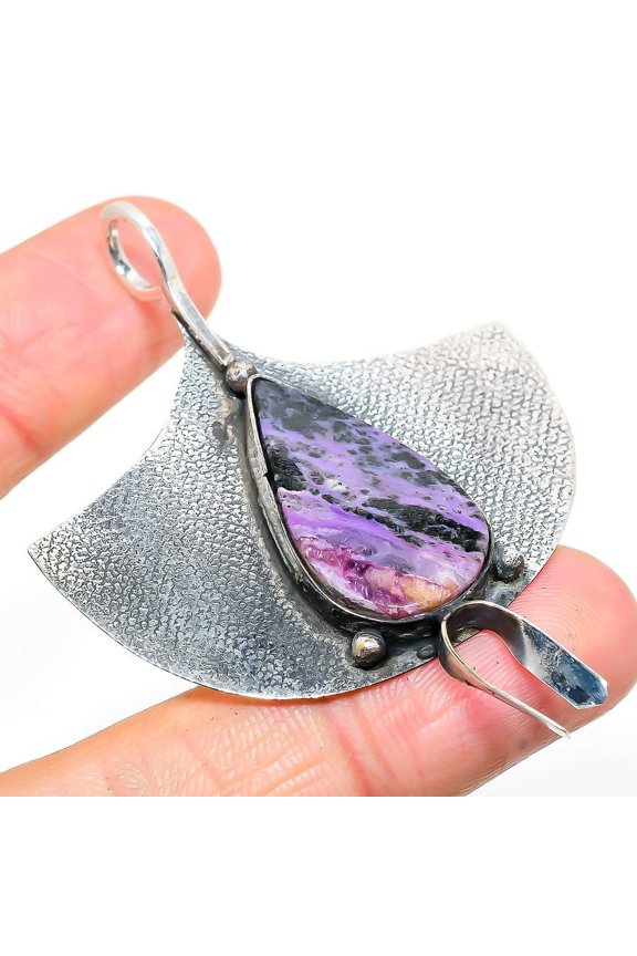 Russian Charoite Gemstone Handmade 925 Sterling Silver Jewelry Pendant 2.60"
