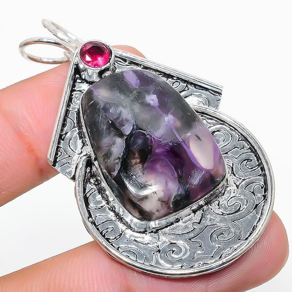 Natural Russian Charoite, Rubillite 925 Sterling Silver Pendant 2.17"