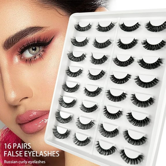 Russian Curl False Eyelashes 16 Pairs Pack - Thick Natural Look Premium Synthetic Lashes, Semi-Permanent Grafting Effect for Daily & Party Makeup