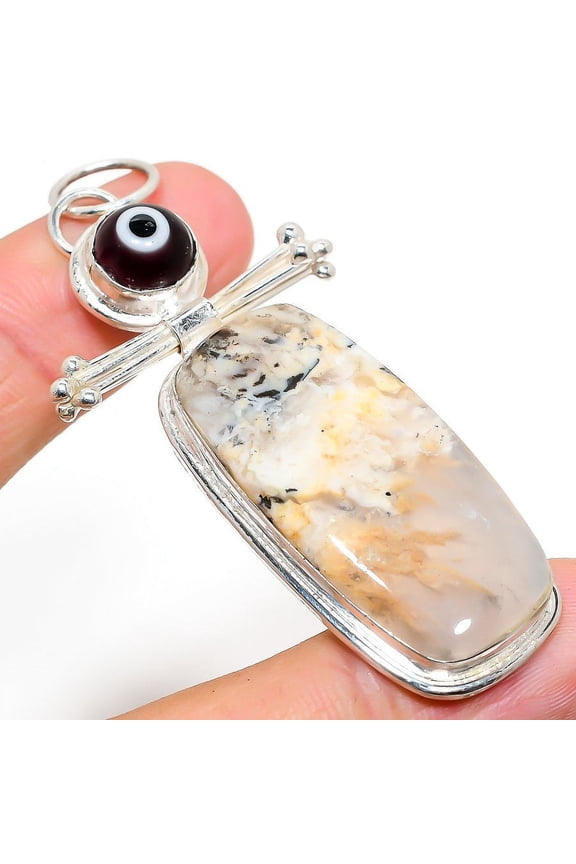 Natural Russian Dendritic,Evil Eye Stone 925 Sterling Silver Pendant 2.96"