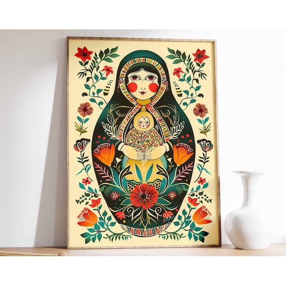 Russian Doll Matryoshka Eastern European Traditional Folk Wall Art Print, Unframed Paper Poster 24x36in