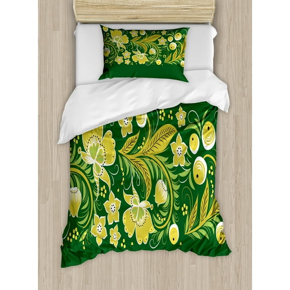 Russian Duvet Cover Set, Floral Khokhloma Eastern Slavic Vintage Motifs, Decorative 2 Piece Bedding Set with 1 Pillow Shams, Twin Size, Yellow Emerald, by Ambesonne