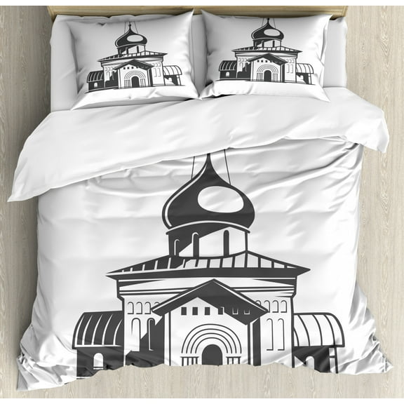 Russian Duvet Cover Set Queen Size, Slavic Architecture Hallmarks Monochrome Simplistic Building Pattern, Decorative 3 Piece Bedding Set with 2 Pillow Shams, Charcoal Grey and White, by Ambesonne