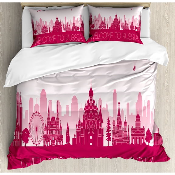 Russian Duvet Cover Set Queen Size, Slavic Country City Touristic Hallmarks Gradient Sky and Silhouette Print, Decorative 3 Piece Bedding Set with 2 Pillow Shams, Pale Pink Magenta, by Ambesonne