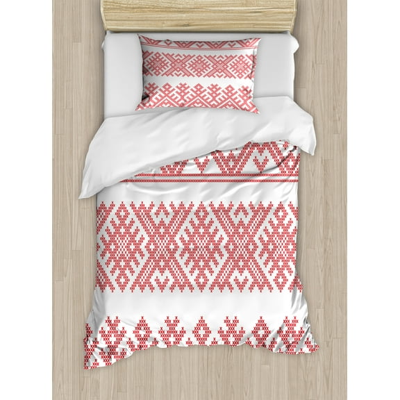 Russian Duvet Cover Set, Slavic Motifs Art Repetitive Monochrome Simplistic Eastern European Lines, Decorative 2 Piece Bedding Set with 1 Pillow Shams, Twin Size, Vermilion and White, by Ambesonne