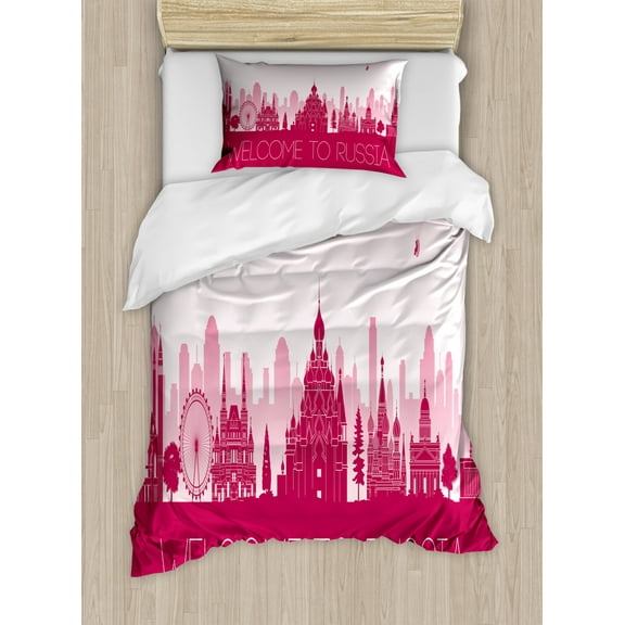 Russian Duvet Cover Set Twin Size, Slavic Country City Touristic Hallmarks Gradient Sky and Silhouette Print, Decorative 2 Piece Bedding Set with 1 Pillow Sham, Pale Pink Magenta, by Ambesonne
