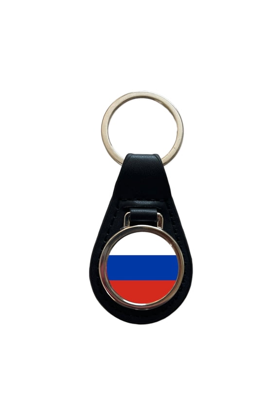 Russian Federation Country Flag Metal Black Leather Keychain