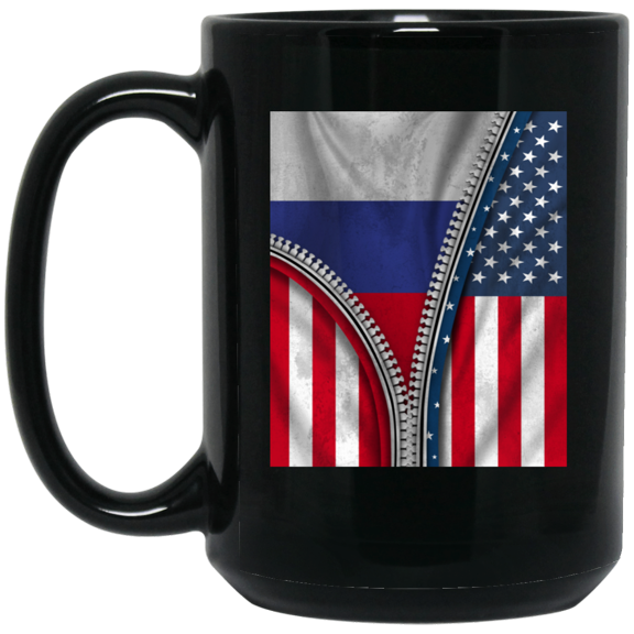 Russian Flag American Russia Coffee Mug, Patriotic Roots Design 15oz Black Coffee Mug