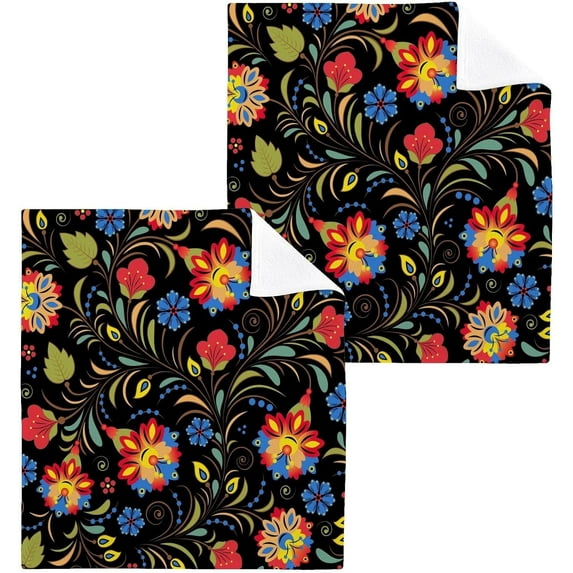 Russian Flower Wash Cloth Set of 2, 12 x 12 Inch Cotton Baby Washcloths Highly Absorbent and Soft Feel Fingertip Towels Face Towels for Bathroom, Gym, Spa Washcloth Gift