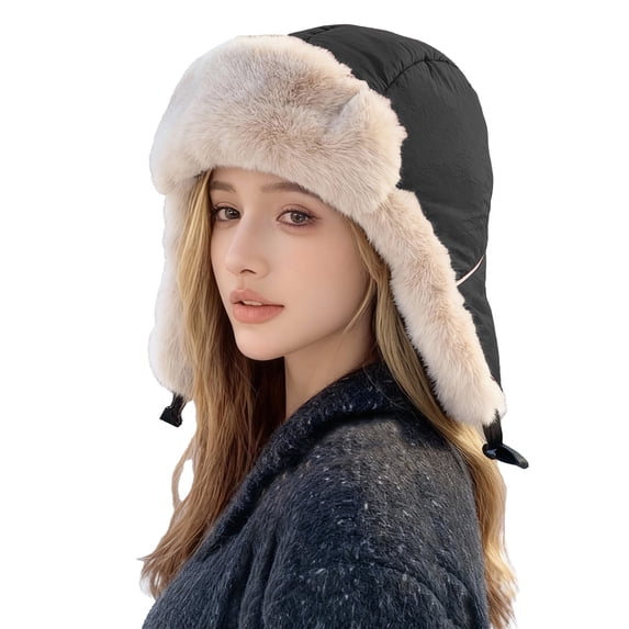 Russian Hat Style Fur Pilot Ushanka Winter Russian Windproof Skiing Snow Ski Hats Cold Shield Warm Russian Bomber Hats Hiking, Camping, Hunting, Snowboarding Black One Size