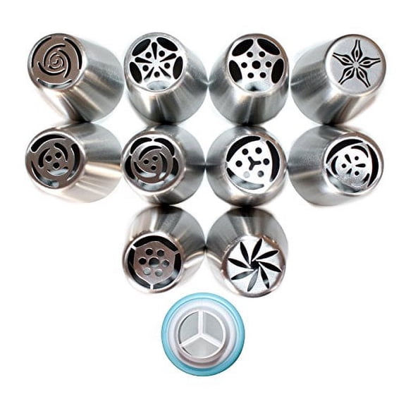 Russian Icing Piping Nozzle Icing Tips 10 Tips + Tri Coupler. Stainless Steel Large Tips - By Torenox
