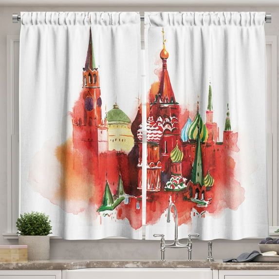 Russian Kitchen Curtains, Watercolor Look Painting of Red Square, Two Panels Drapes with Rod Pocket Room Decor, 55" X 45", Burnt Sienna White, by Ambesonne
