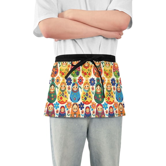 Russian Matryoshka Server Apron with 3 Pockets Waterproof Waitress Waist Short Apron for Man Woman 12 Inches