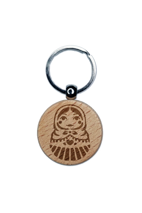 Russian Nesting Doll Matroyshka Babushka Round Keychain Charm Tag - Engraved Wood