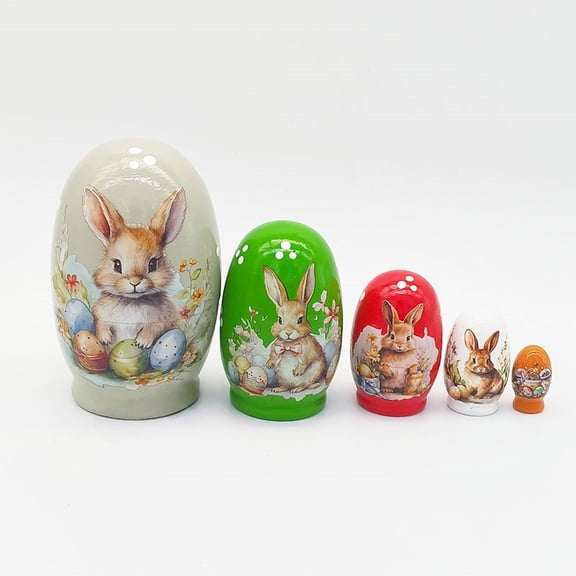 Russian Nesting Dolls, Handmade Wooden Easter Rabbit Bunny Nesting Dolls Set for Easter Birthday Gift Home Easter Decorations, Spring Themed Table Decorations, Easter Gifts Set of 5 Figurines