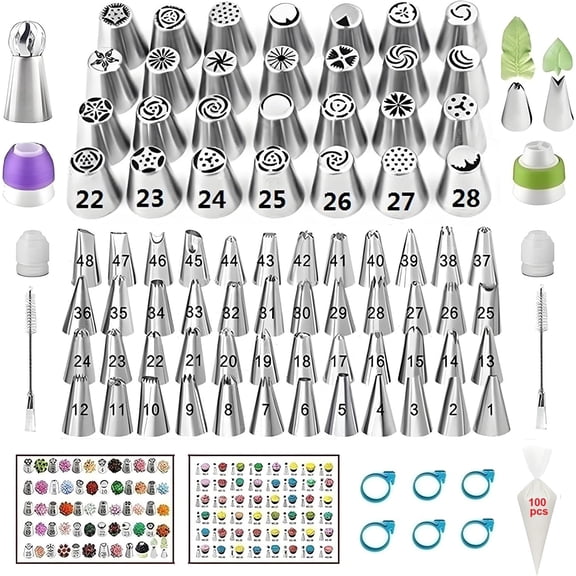 Russian Piping Tips Set, 193 Pcs Baking Supplies | 28 Numbered Russian Tips, 48 Numbered Icing Tips, 1 Ball Tip, 2 Leaf Tips, 100 Pastry Bags & More for Cake Cupcake Decorating