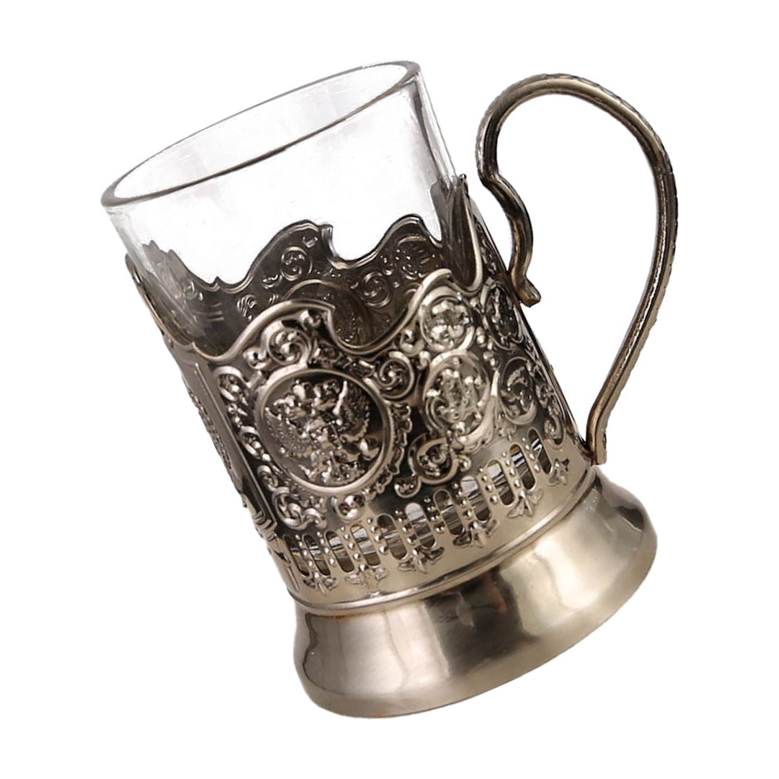 Russian Podstakannik Set Crystal Hot Tea Glasses with Metal Glass Holders Retro Design Drinkware Gift for Women Men