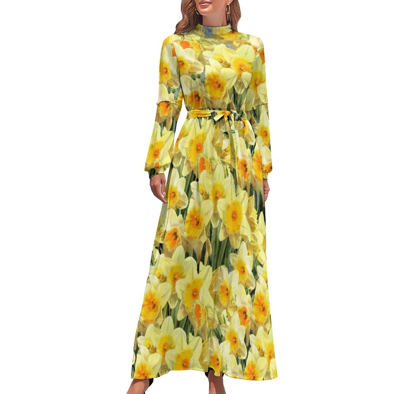 fitted lace wedding dress Yellow Satin Floral Print Maxi Dress