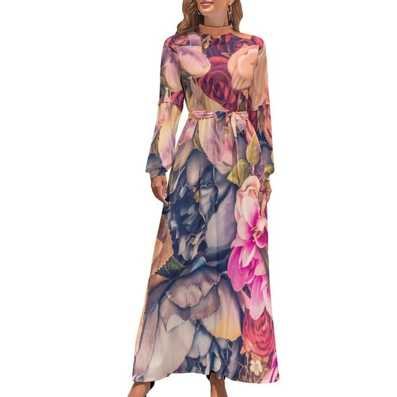 Russian Red Flower Dress High Waist Retro Floral Print Bohemia Dresses Long Sleeve Stylish Long Maxi Dress Trendy Vestidos