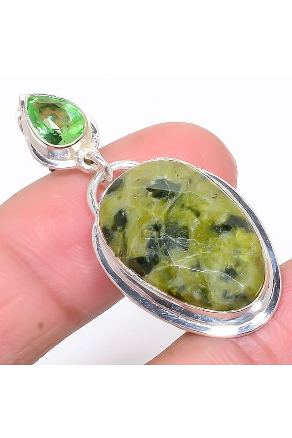 Russian Serpentine & Peridot 925 Sterling Silver Pendant 1.77" T55, Serpentine Pendant, Christmas Gift, New Year Sale, Gemstone Silver Jewelry