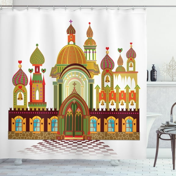 Russian Shower Curtain, Fairyland Fantasy Kingdom Slavic Architecture, Fabric Bathroom Set with Hooks, 69W X 70L Inches, Marigold Avocado Green Vermilion Chestnut Brown, by Ambesonne