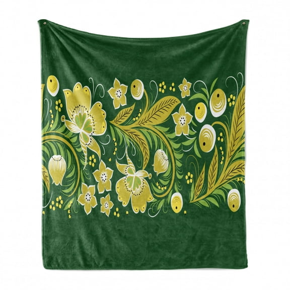 Russian Soft Flannel Fleece Throw Blanket, Floral Khokhloma Eastern Slavic Vintage Motifs, Cozy Plush for Indoor and Outdoor Use, 50" x 60", Yellow Emerald, by Ambesonne